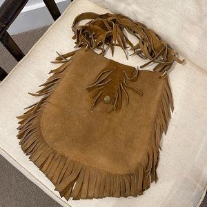 VINTAGE Brown Suede Leather Fringe Boho Festival Purse Bag